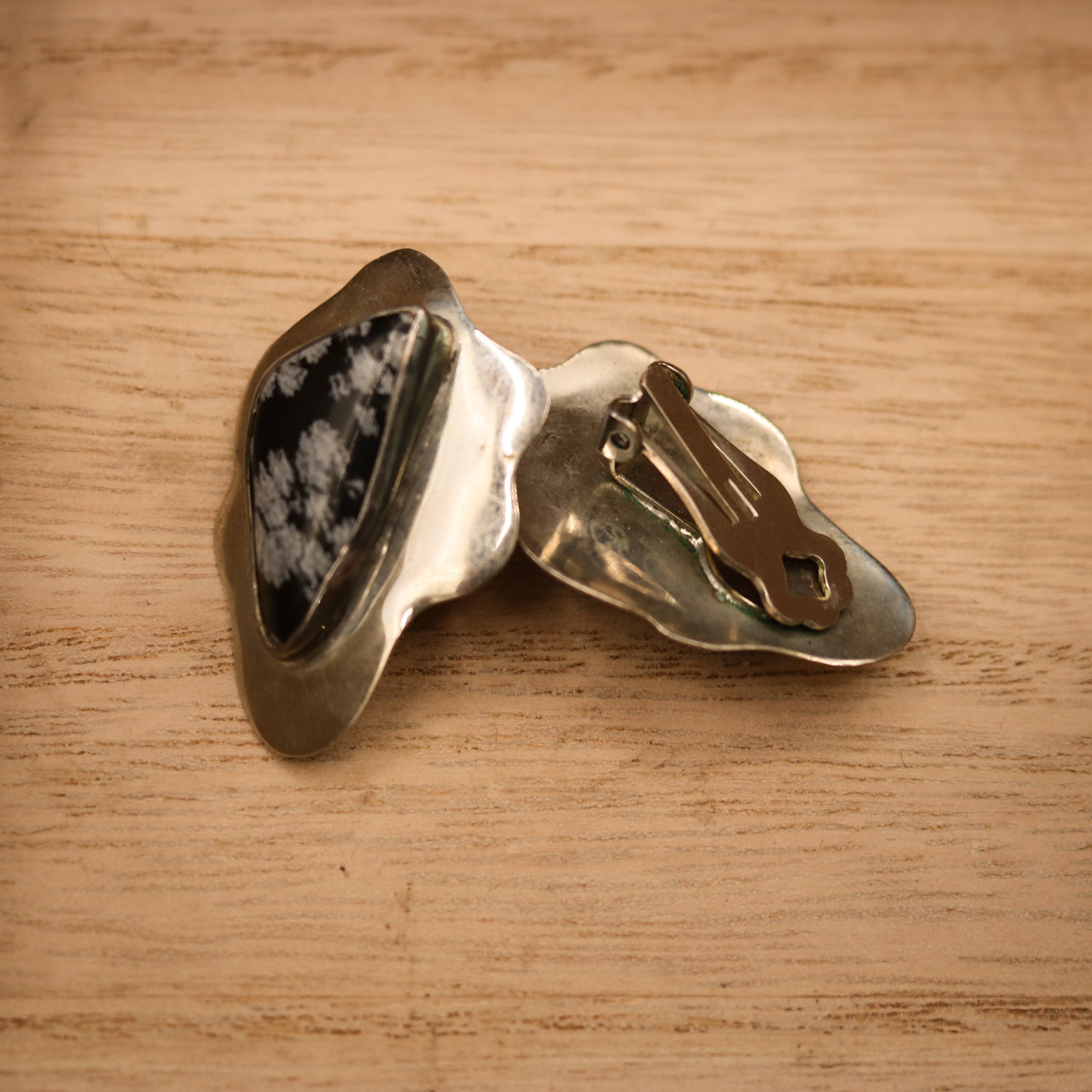 Vintage Snowflake Obsidian Clip on Earrings