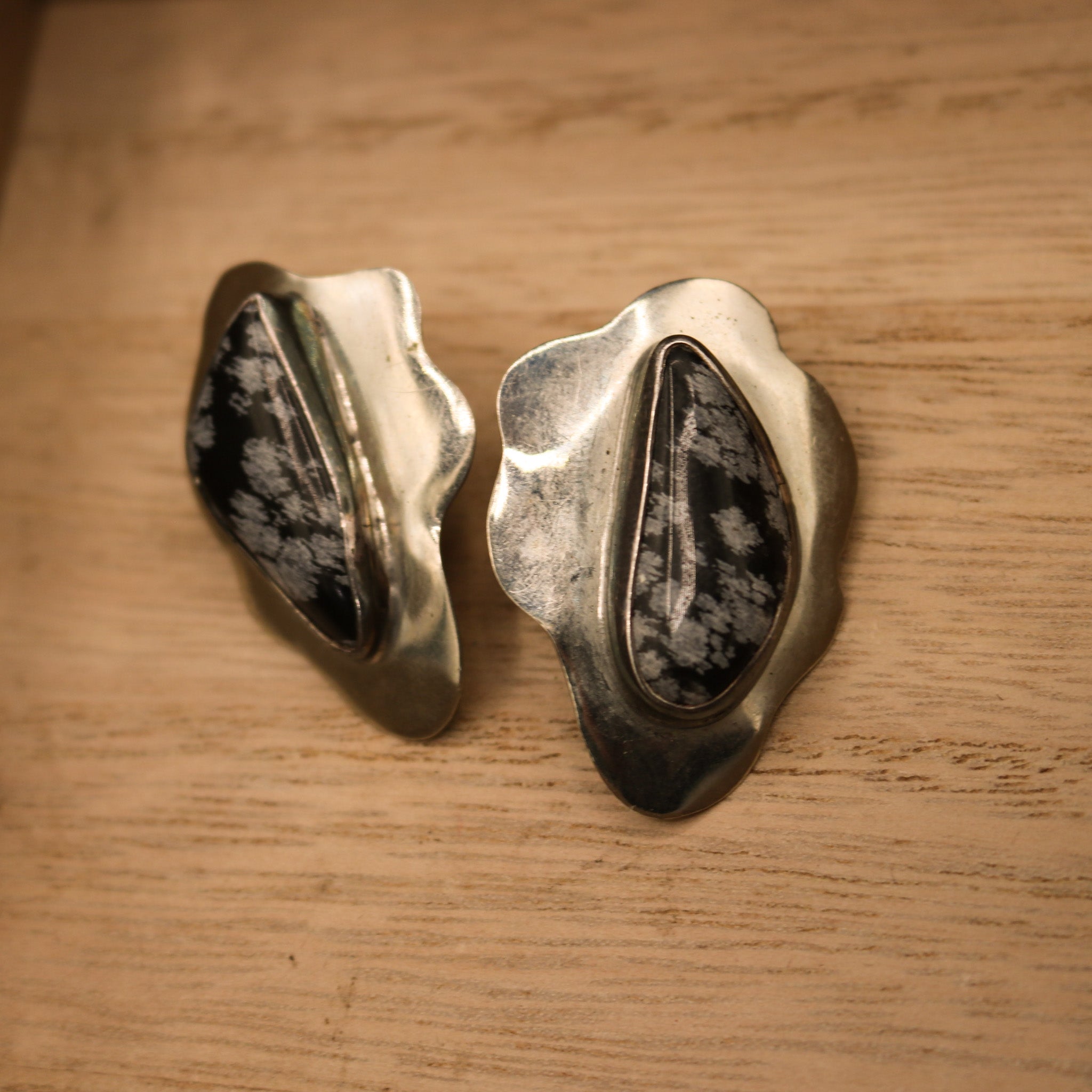 Vintage Snowflake Obsidian Clip on Earrings
