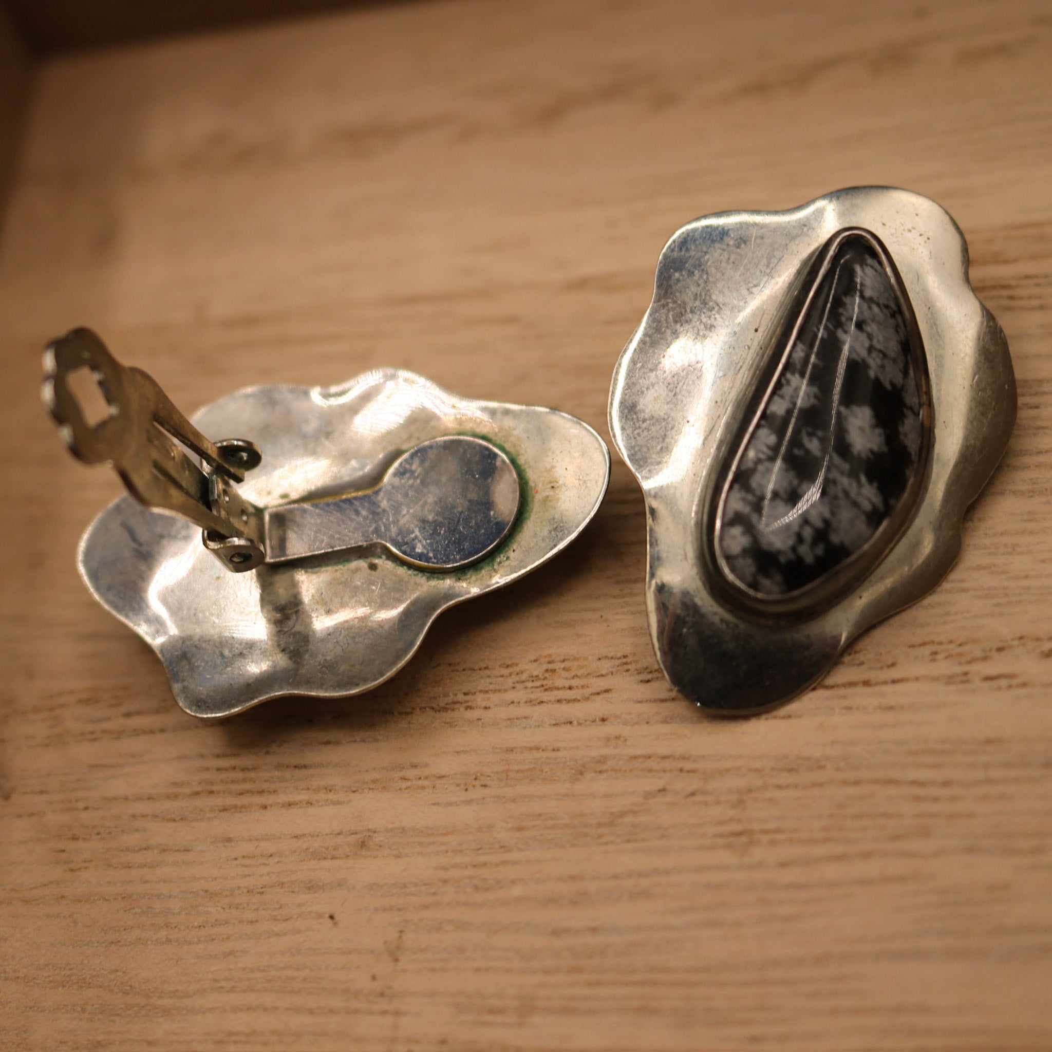 Vintage Snowflake Obsidian Clip on Earrings