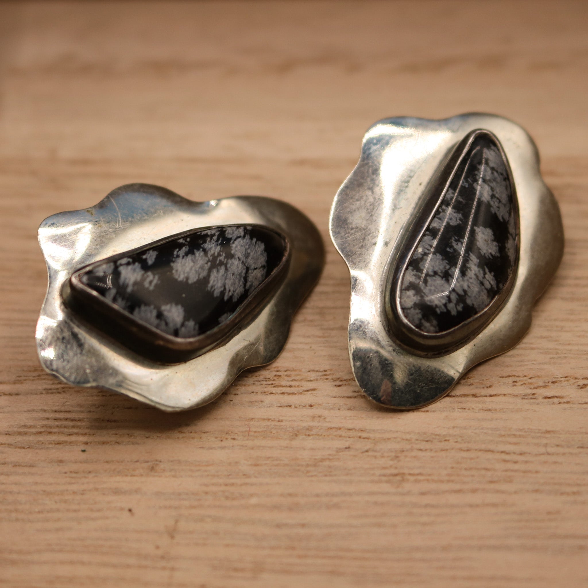 Snowflake Obsidian Clip on Earrings