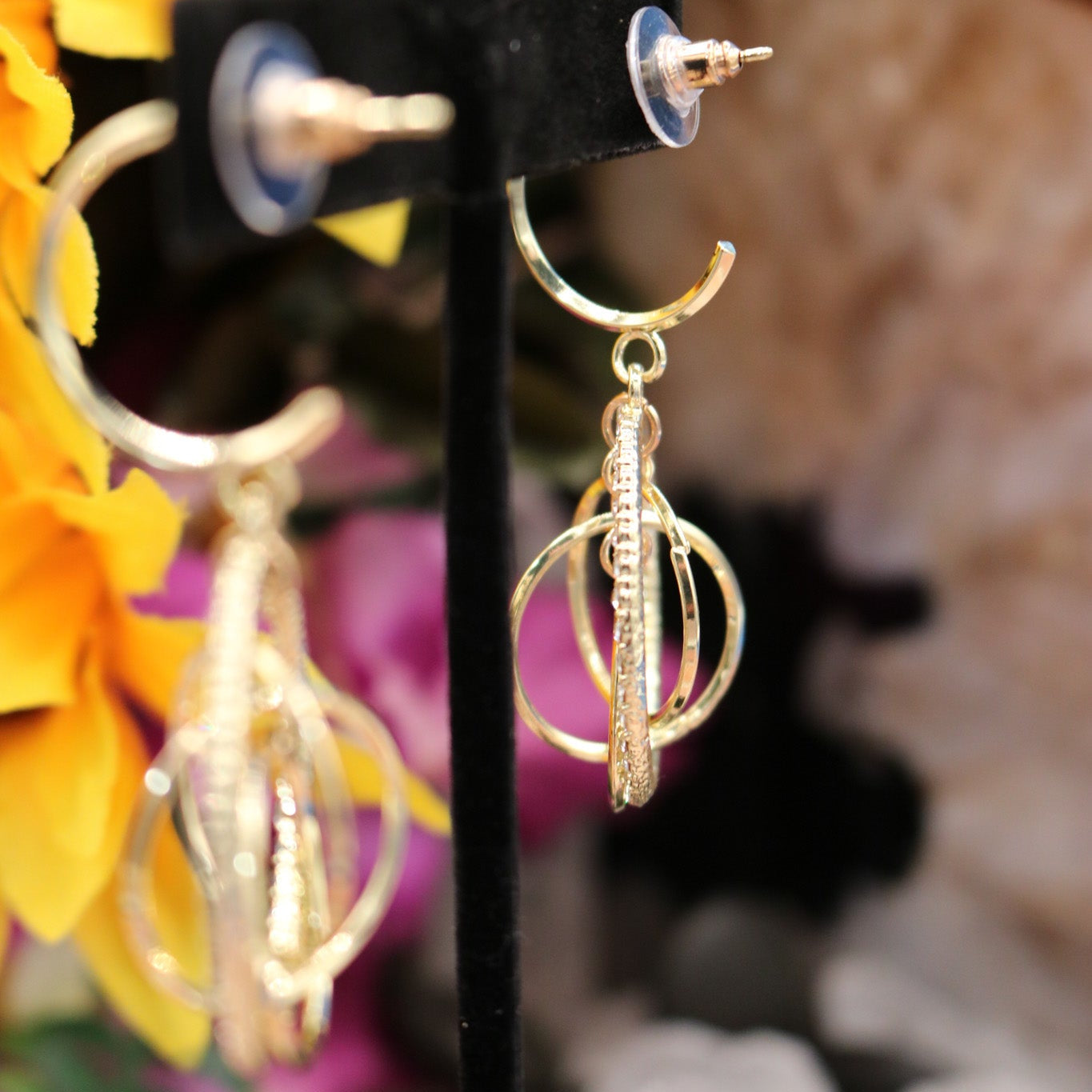 Golden Rhinestone Multi-Hoop Circles Dangle Earring