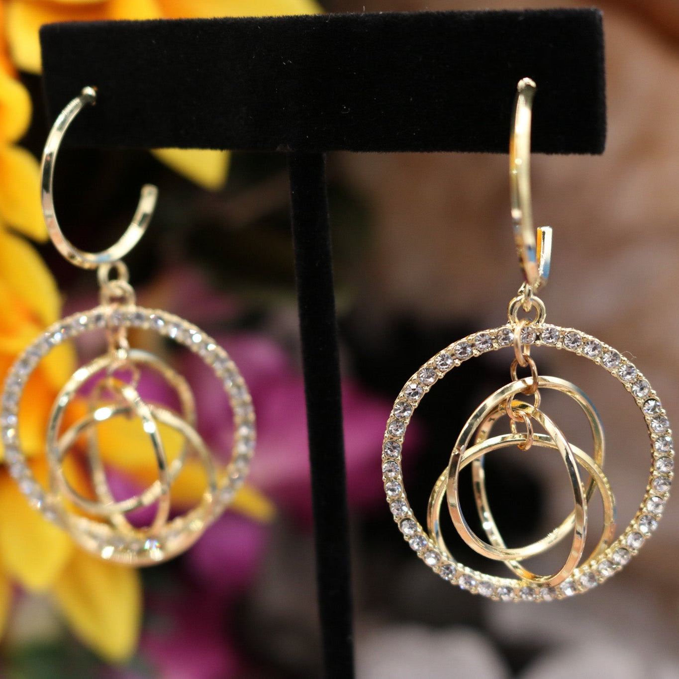 Golden Rhinestone Multi-Hoop Circles Dangle Earring