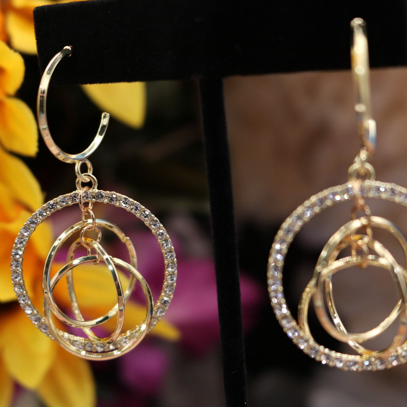 Golden Rhinestone Multi-Hoop Circles Dangle Earring