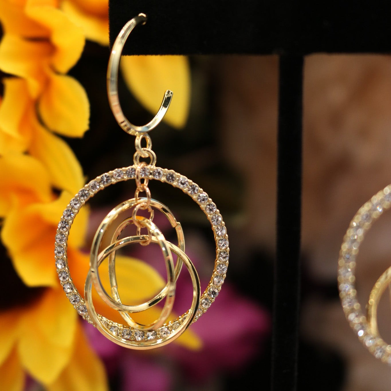 Golden Rhinestone Multi-Hoop Circles Dangle Earring