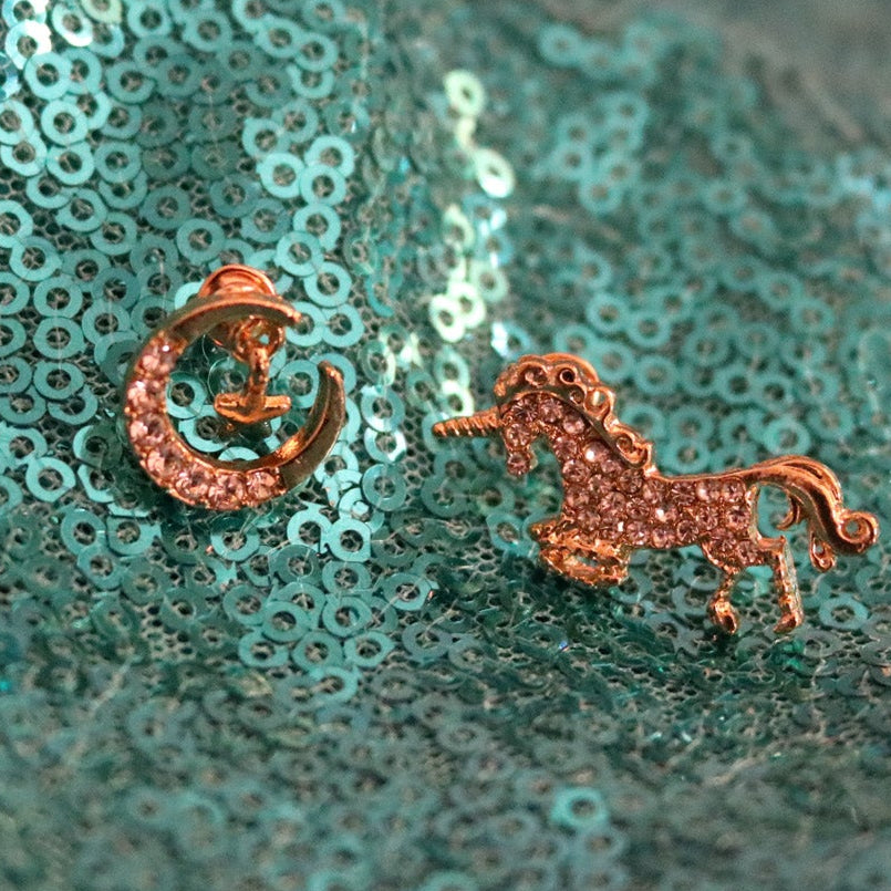 Whimsical Unicorn & Moon Stud Earrings