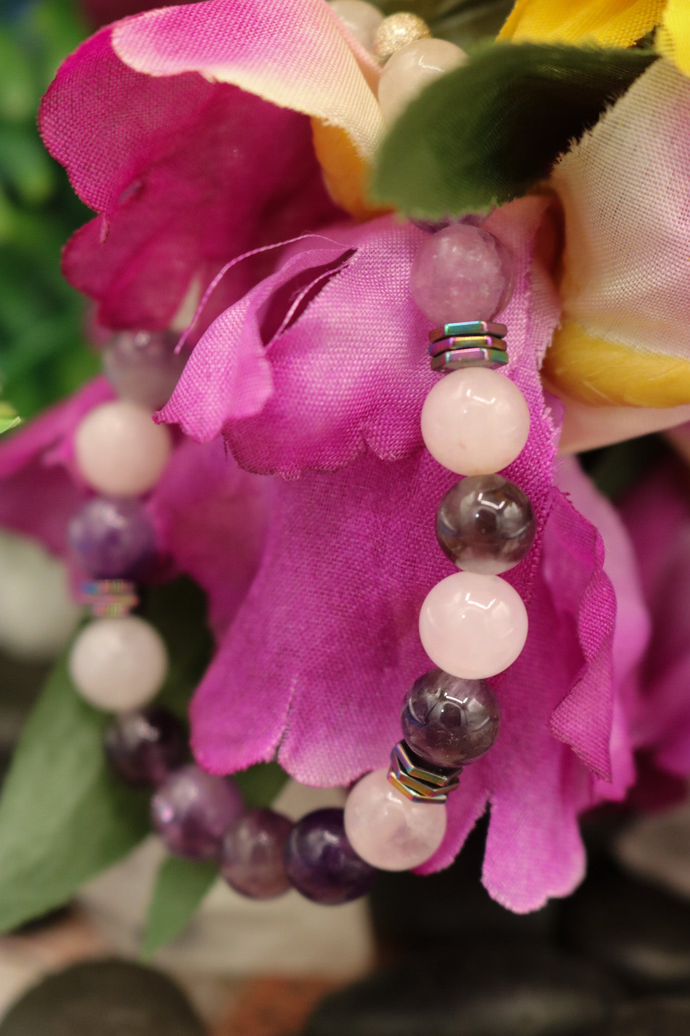 Rose Quartz and Amethyst Elastic Bracelet