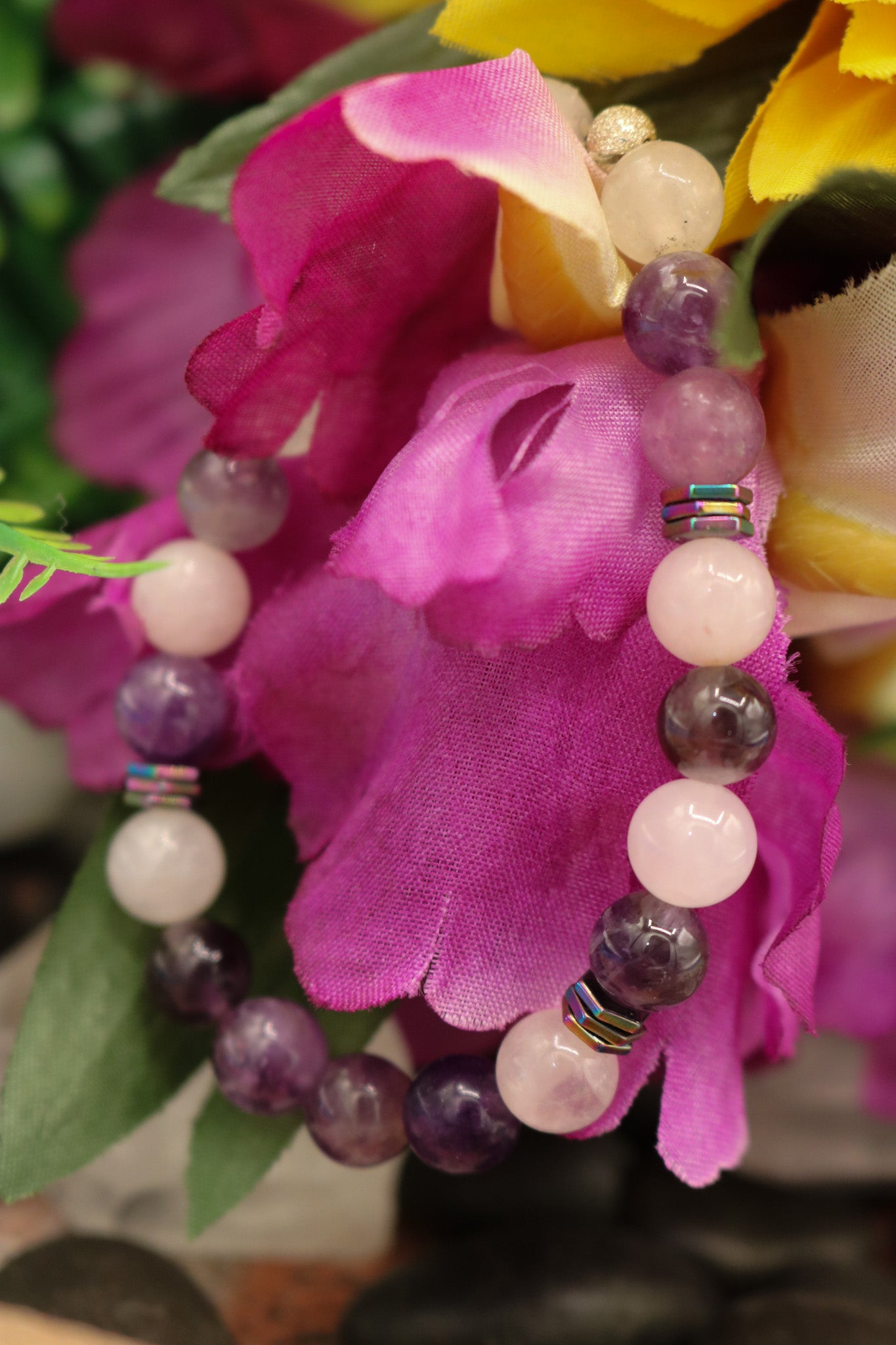 Rose Quartz and Amethyst Elastic Bracelet