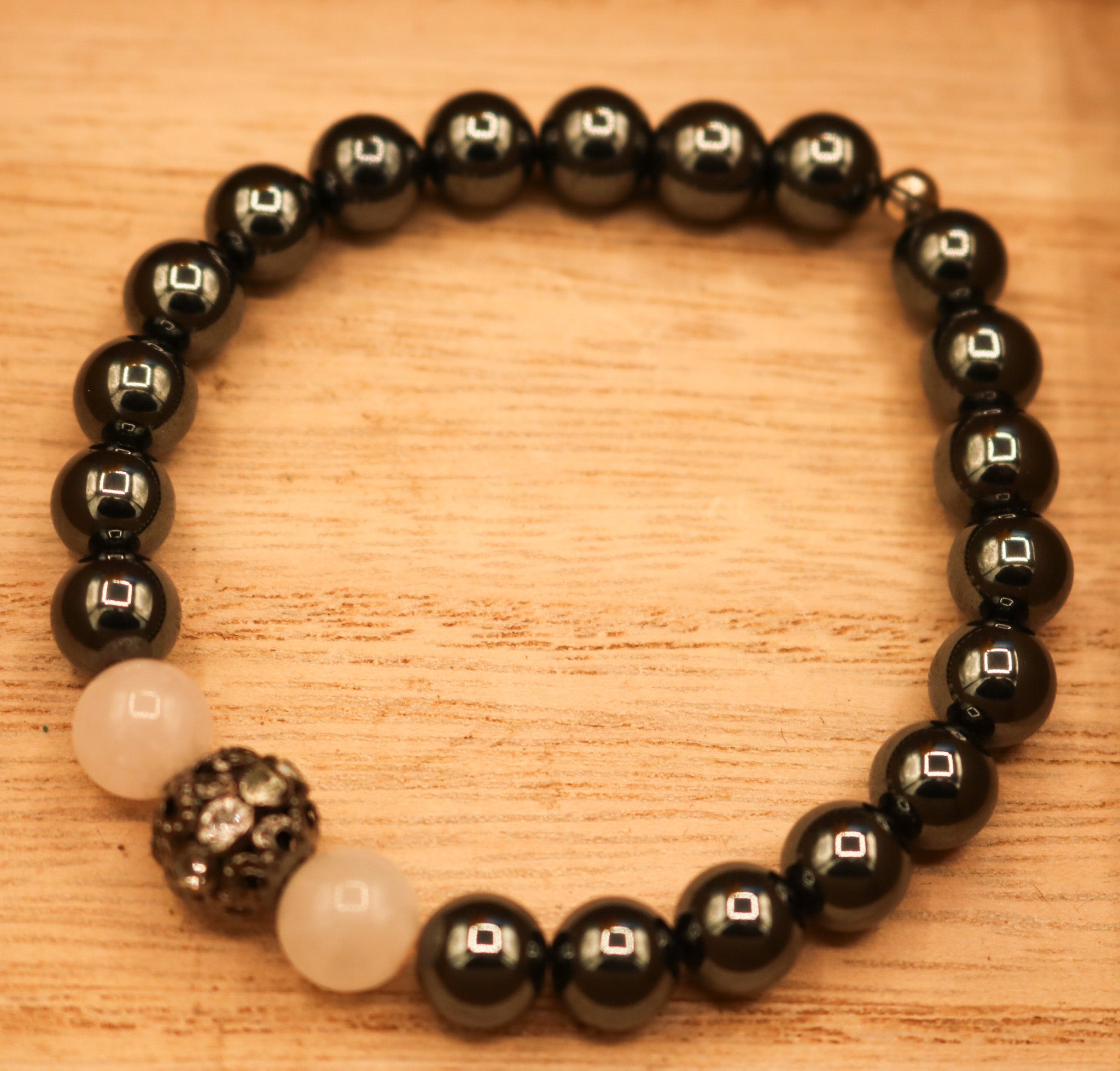 Hematite and Rose Quartz with a Bead with Small Rhinestones