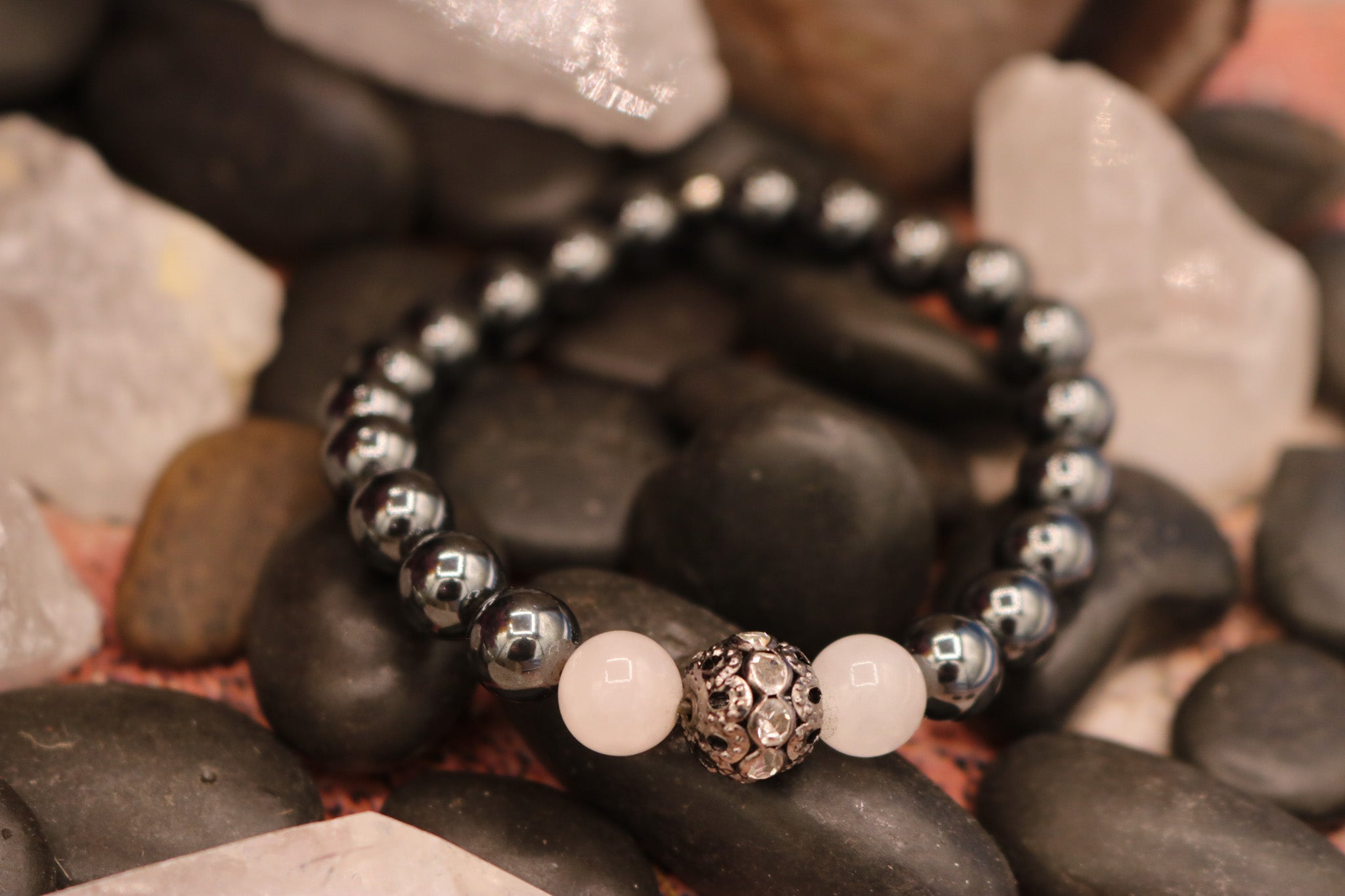 Hematite and Rose Quartz with a Bead with Small Rhinestones