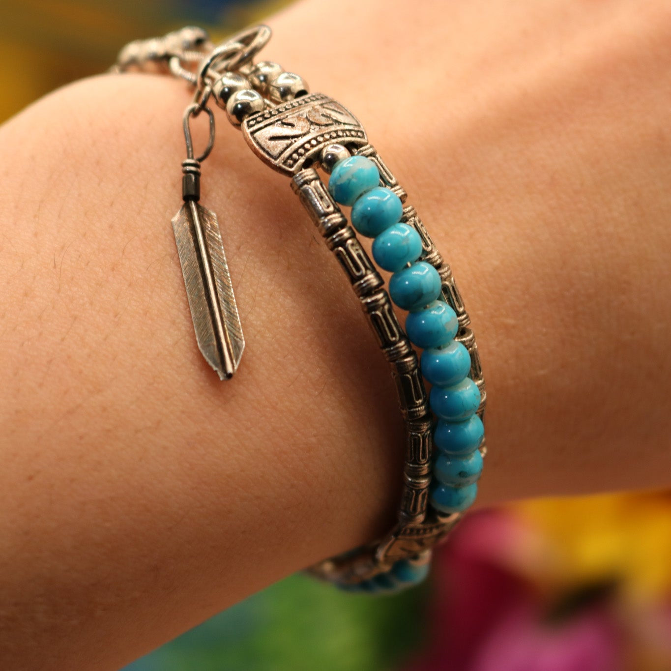 Tibetan Turquoise Colored Gemstone Feather Bracelet