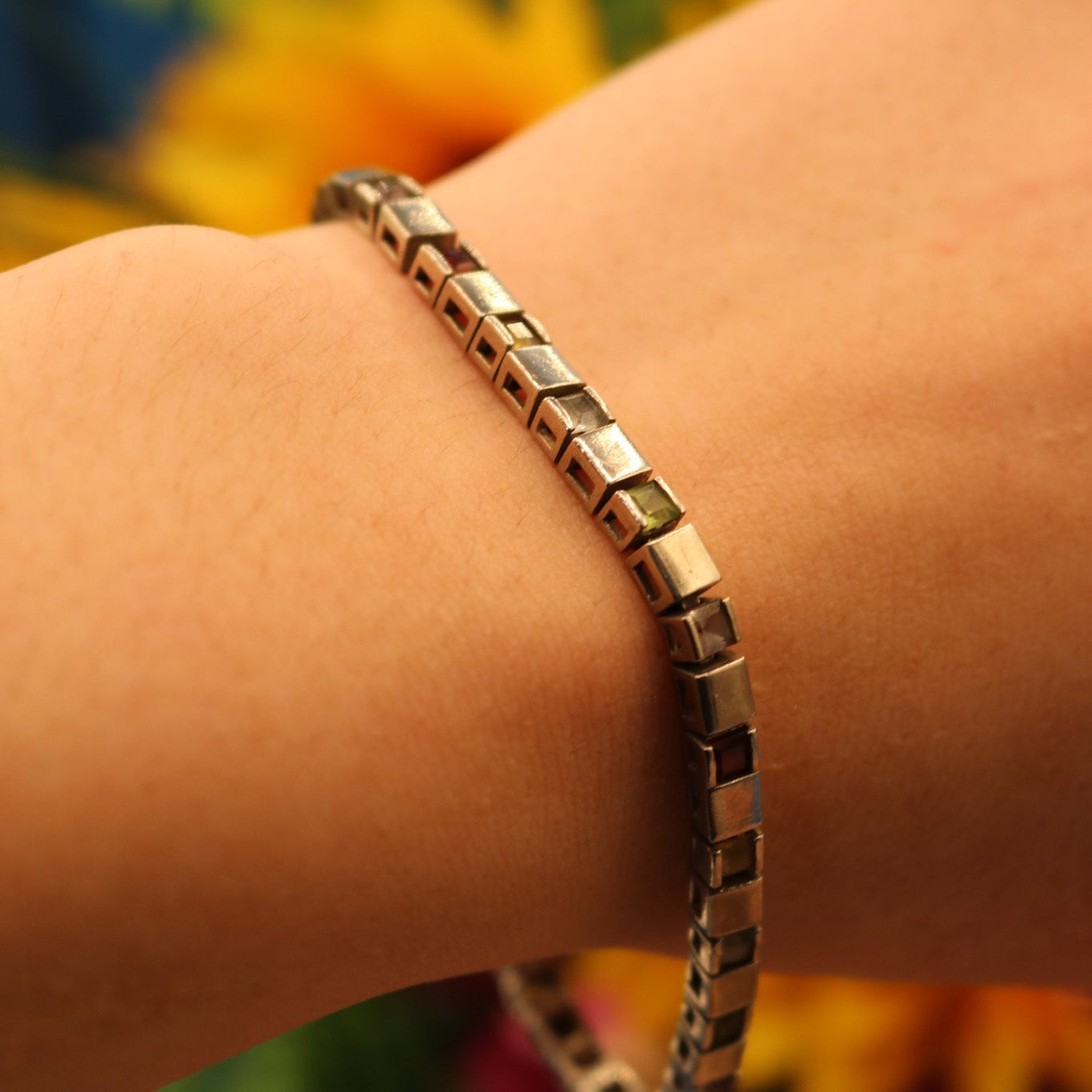 Vintage 925 Silver Bracelet with Multicolored Gemstones