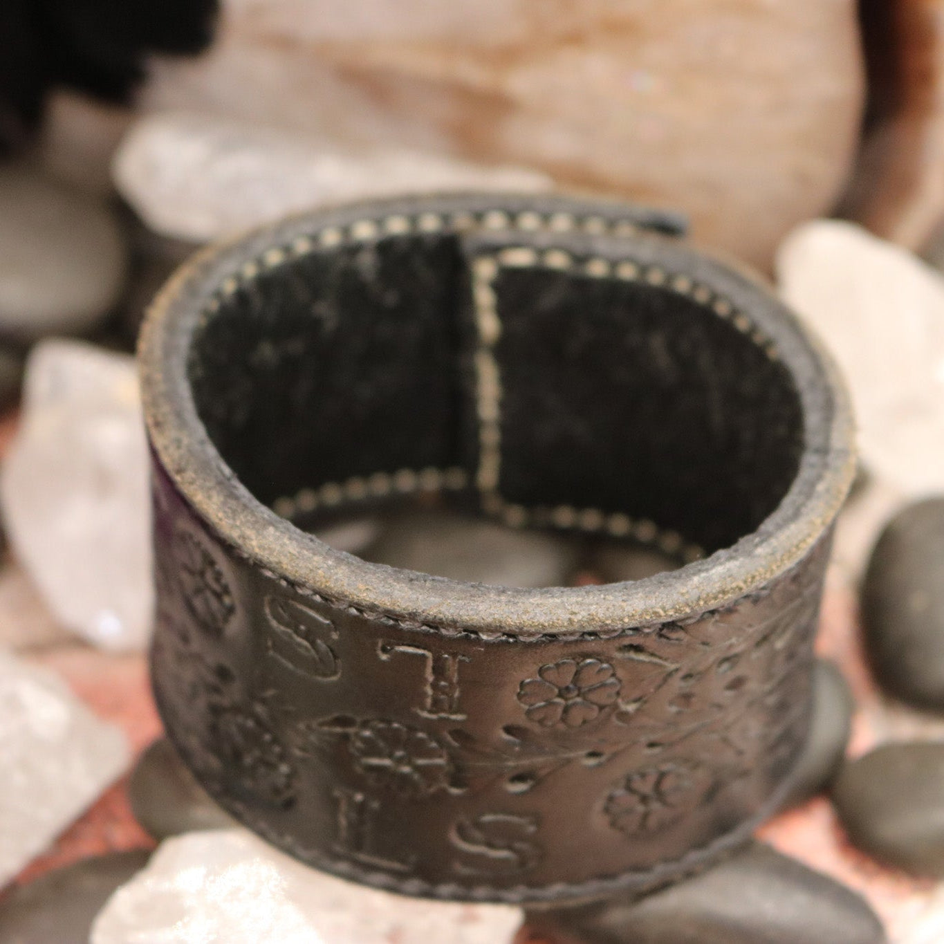 Thick Black Leather Cuff Bracelet with Etched Floral Detail