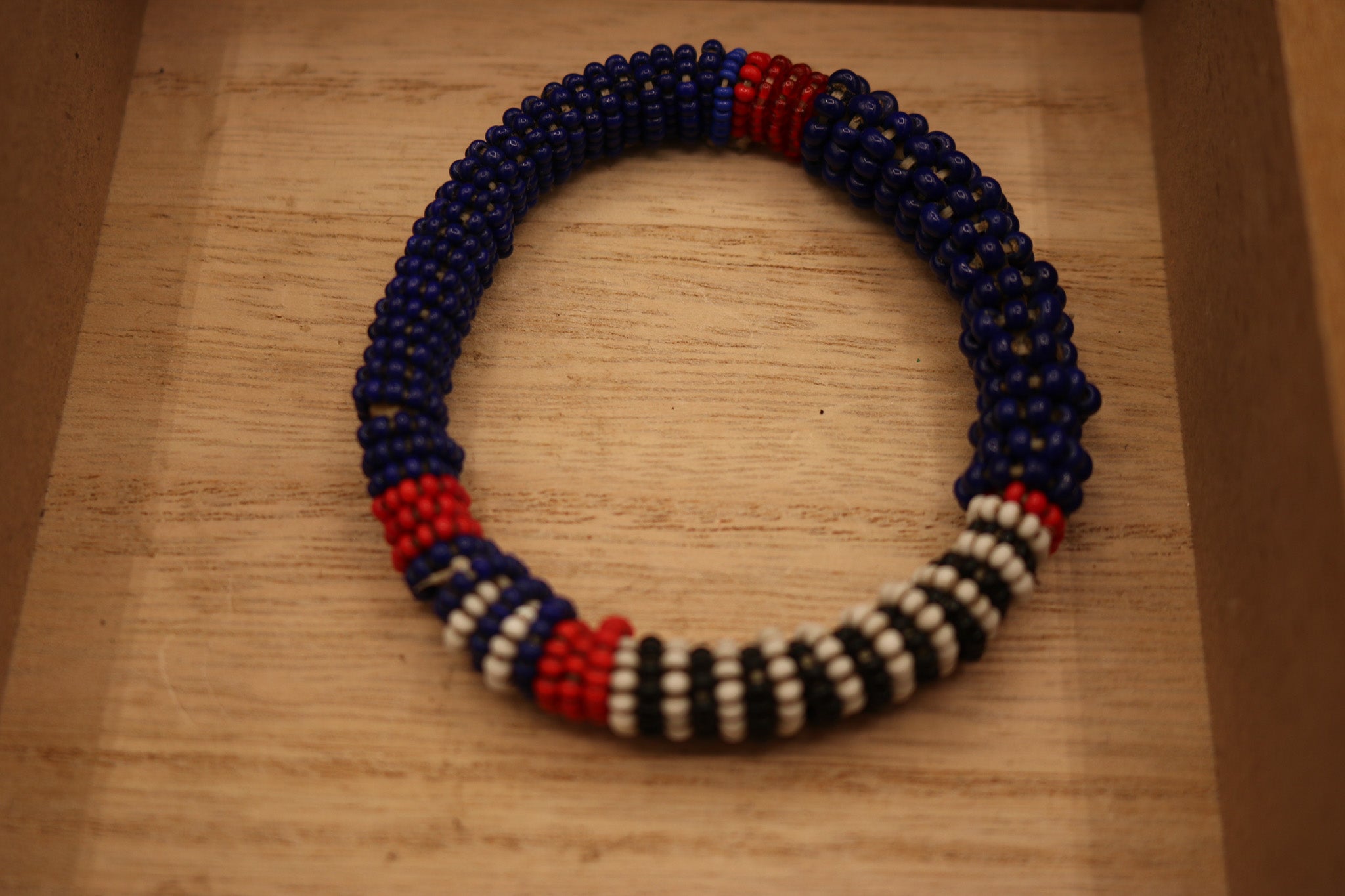 Authentic Vintage Hand-Crafted Massai African Leather Red, Blue, White and Black Beaded Bracelet Bracelet