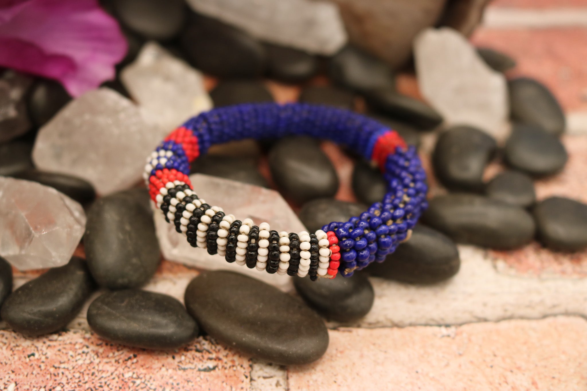 Authentic Vintage Hand-Crafted Massai African Leather Red, Blue, White and Black Beaded Bracelet Bracelet