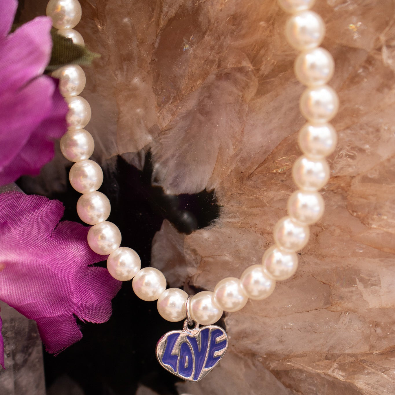 Faux Pearl Necklace with Love Heart Charm