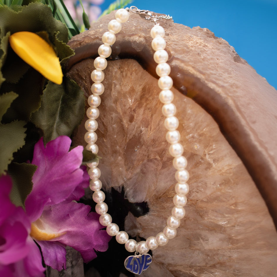 Faux Pearl Necklace with Love Heart Charm