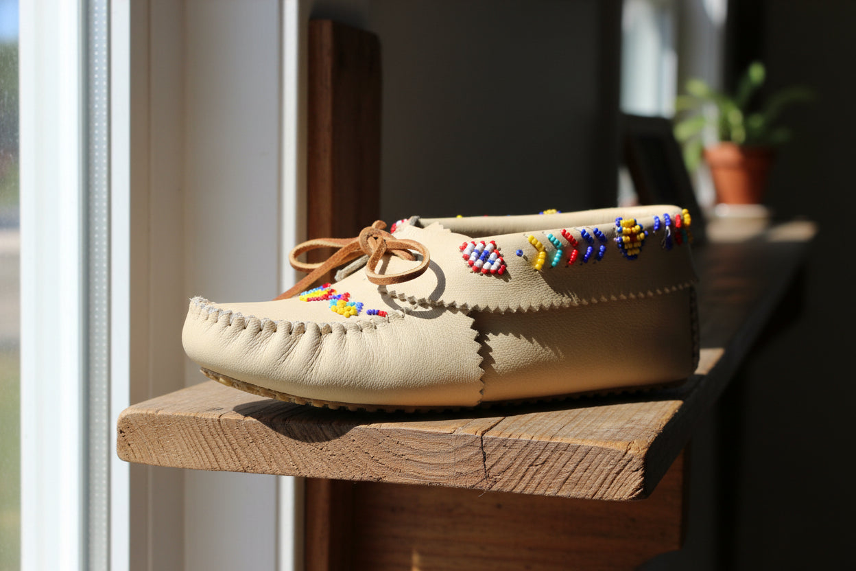 Handmade Taos Beaded Moccasins – Tan Leather Slip-On Shoes Rainbow Beading Women’s Size 9–9.5