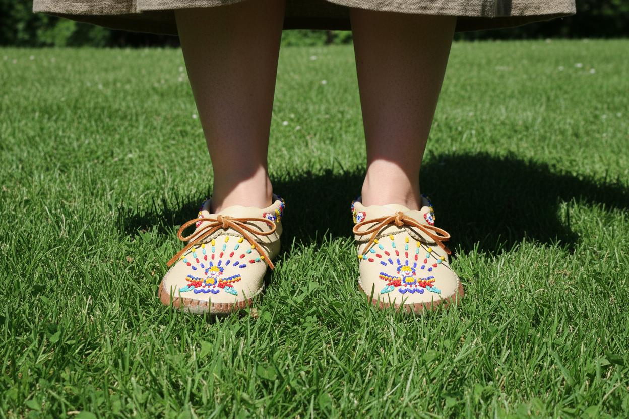 Handmade Taos Beaded Moccasins – Tan Leather Slip-On Shoes Rainbow Beading Women’s Size 9–9.5