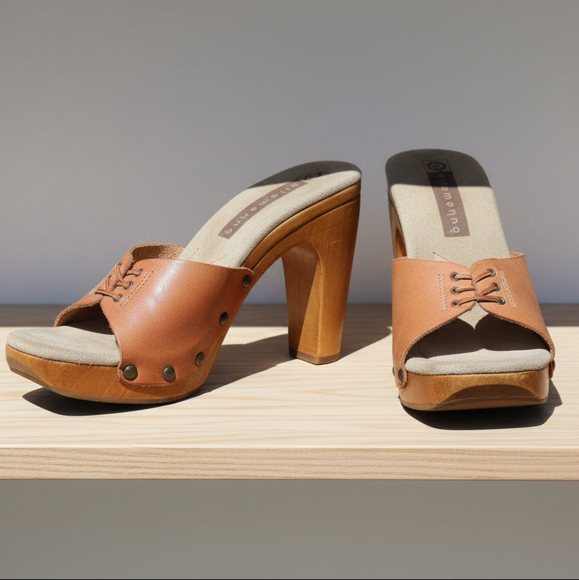 Ellemenno tan leather wooden heel sandals womens size 8 boho clog slip on heels made in Brazil