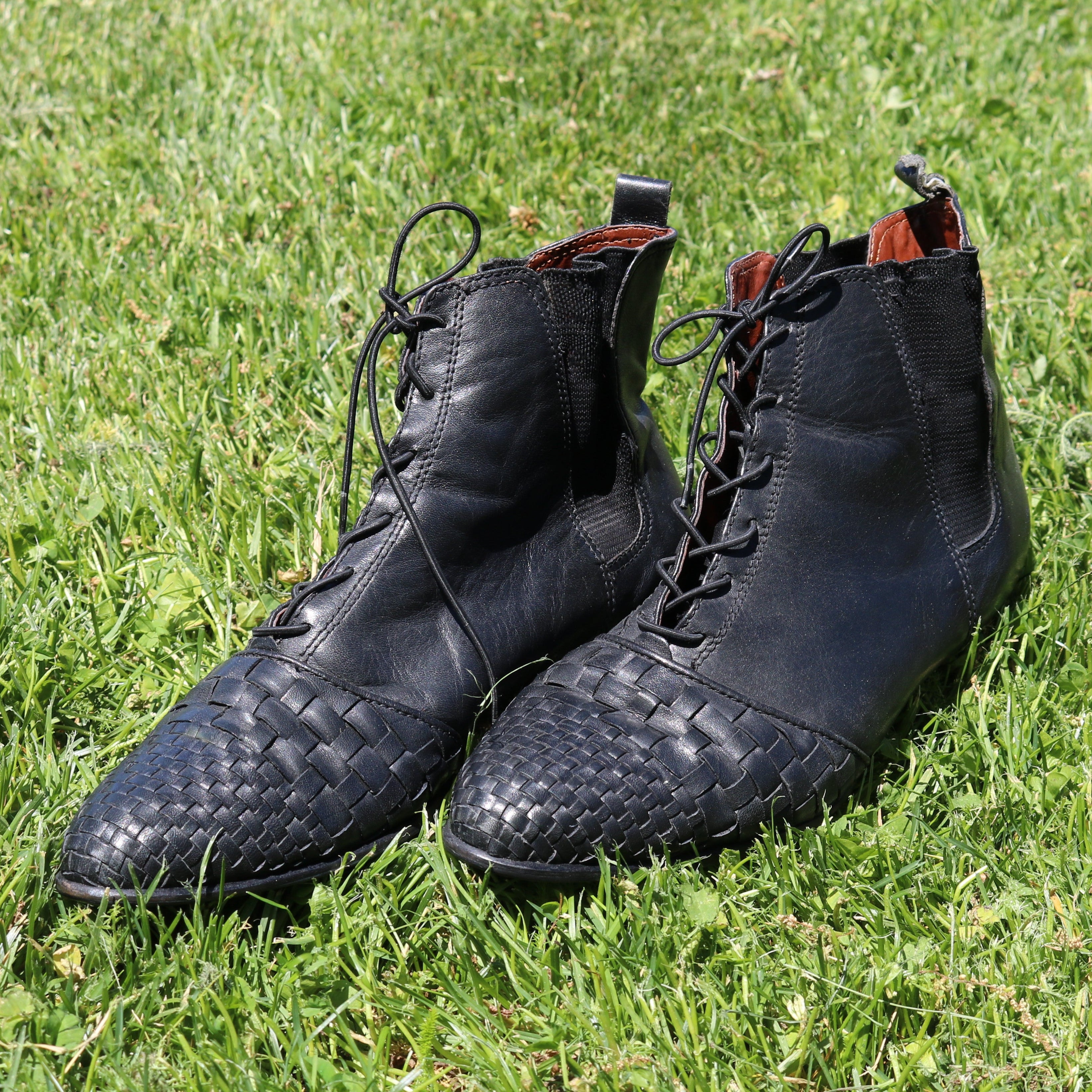 Lace-up Leather Booties with Woven Leather Tips