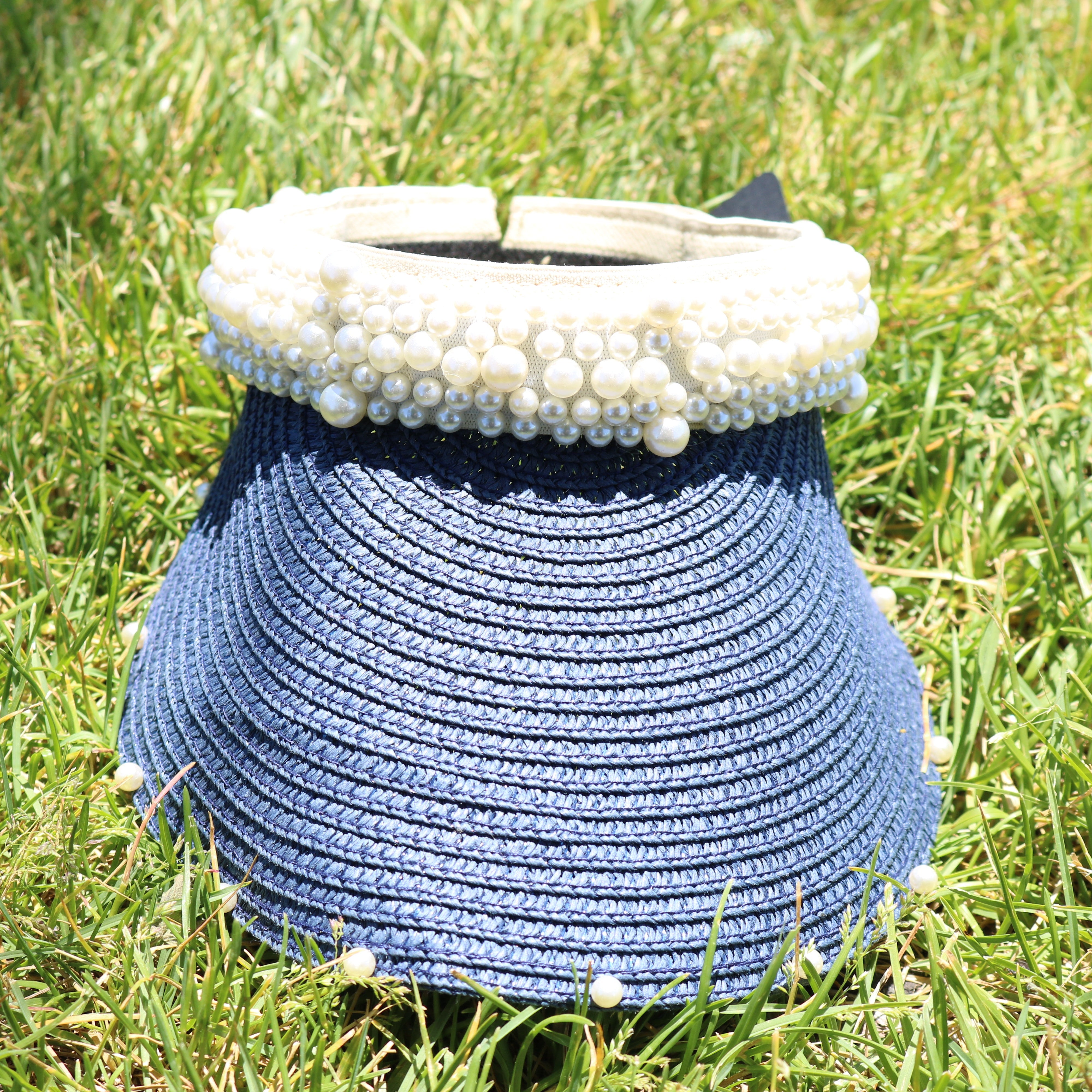 Women's Woven Visor with Faux Pearl Decoration
