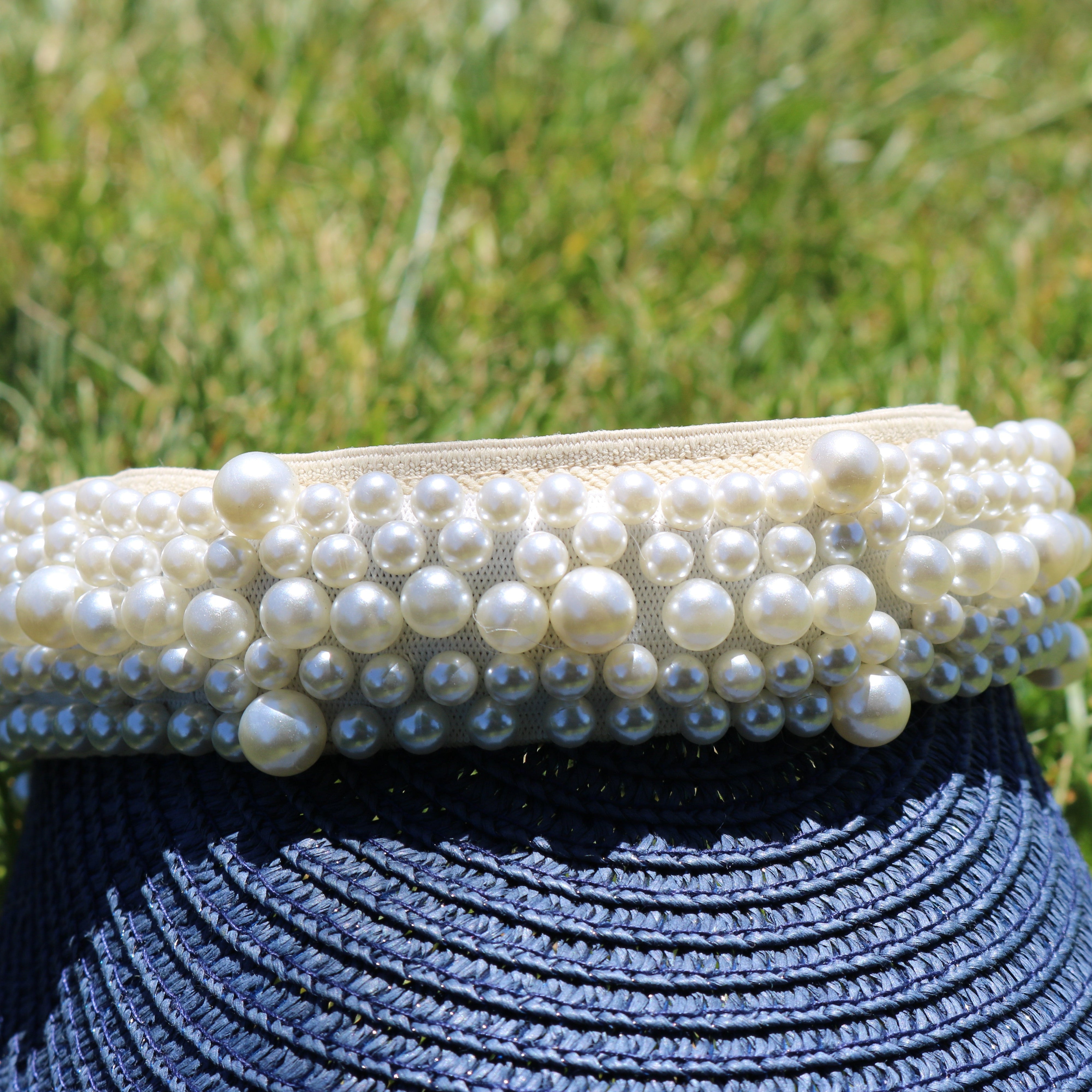 Women's Woven Visor with Faux Pearl Decoration
