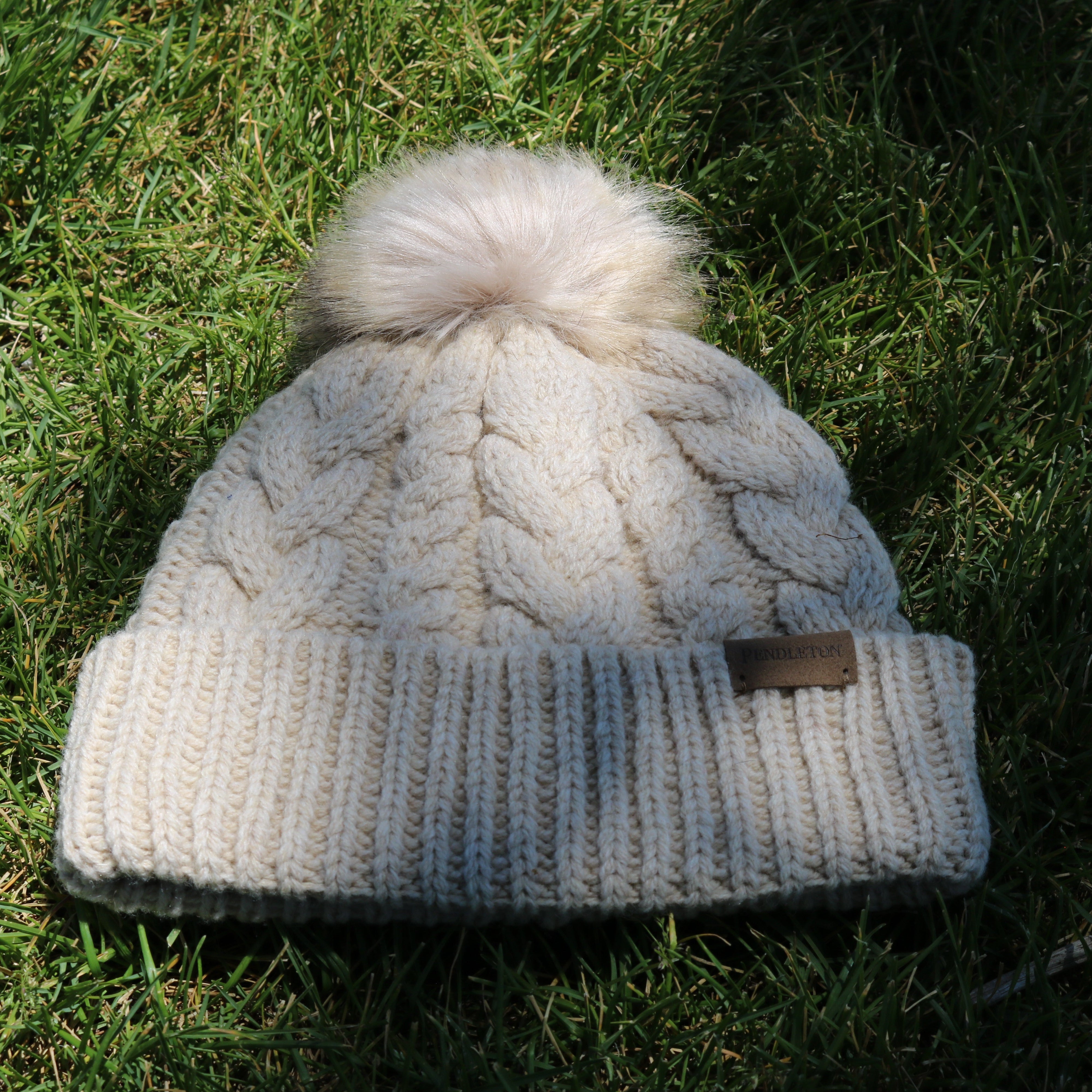 Cable Knit Lambswool Pendleton Beanie with Puff