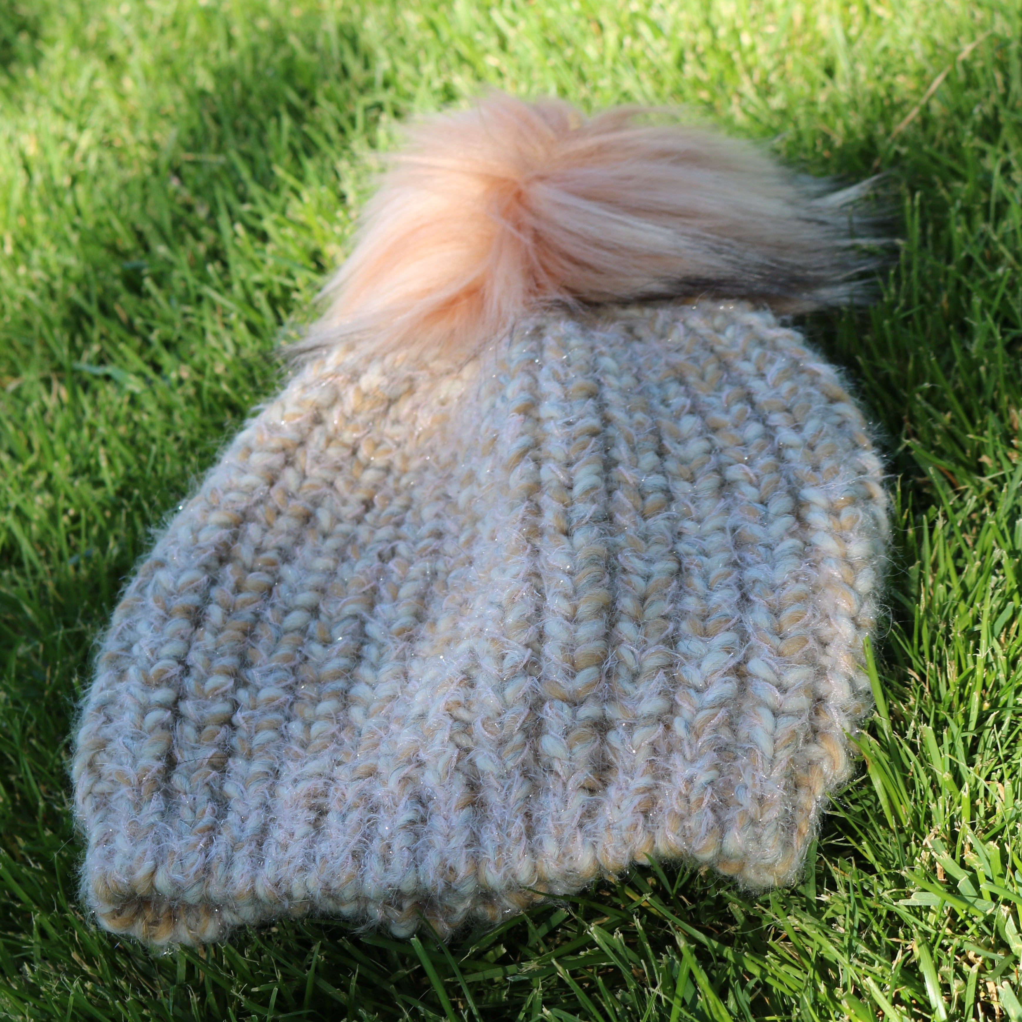 Stit Estro Lurex Melangle Faux Fur Pompom Beanie Color Tan
