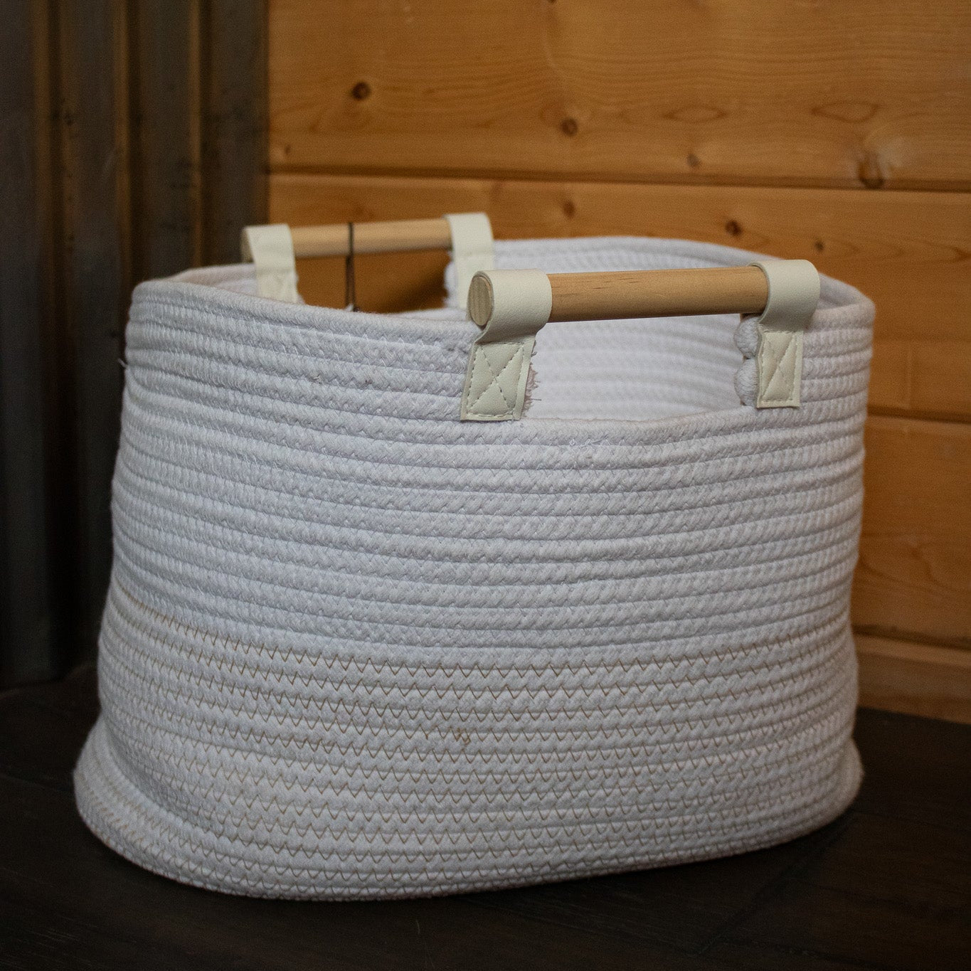 RGI Home Extra-Large Woven White Basket with Wooden Handles