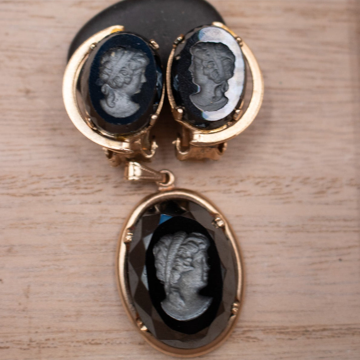 Vintage 1970's Intaglio Carved Victorian Women Cameo Style Earring and Charm Jewelry Set