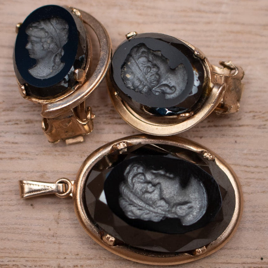 Vintage 1970's Intaglio Carved Victorian Women Cameo Style Earring and Charm Jewelry Set