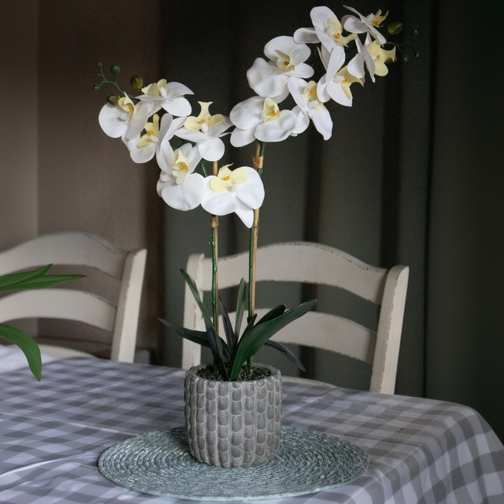 Lecasa Handcrafted Faux White Yellow Orchid In Textured Green Grey Pot
