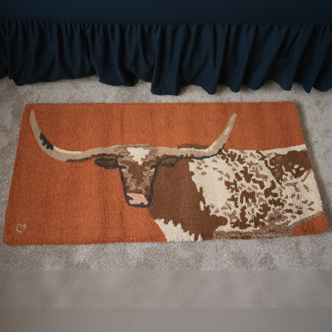 Chandler 4 Corners Longhorn Wool Rug – Handcrafted Hooked Design for Rustic Homes.