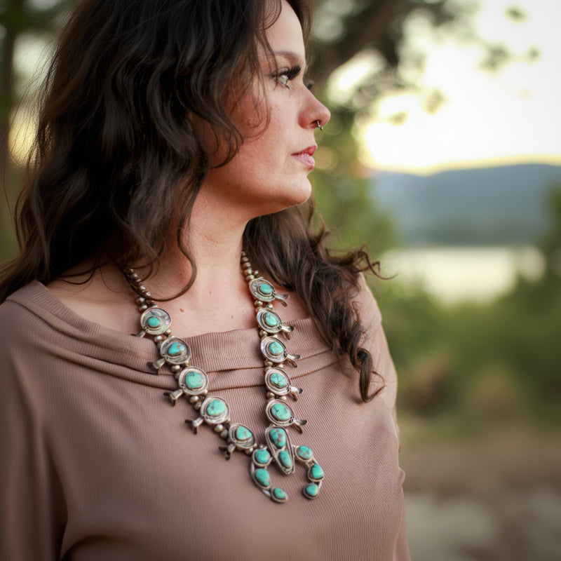 Vintage Navajo Turquoise Sterling Silver Squash Blossom Necklace