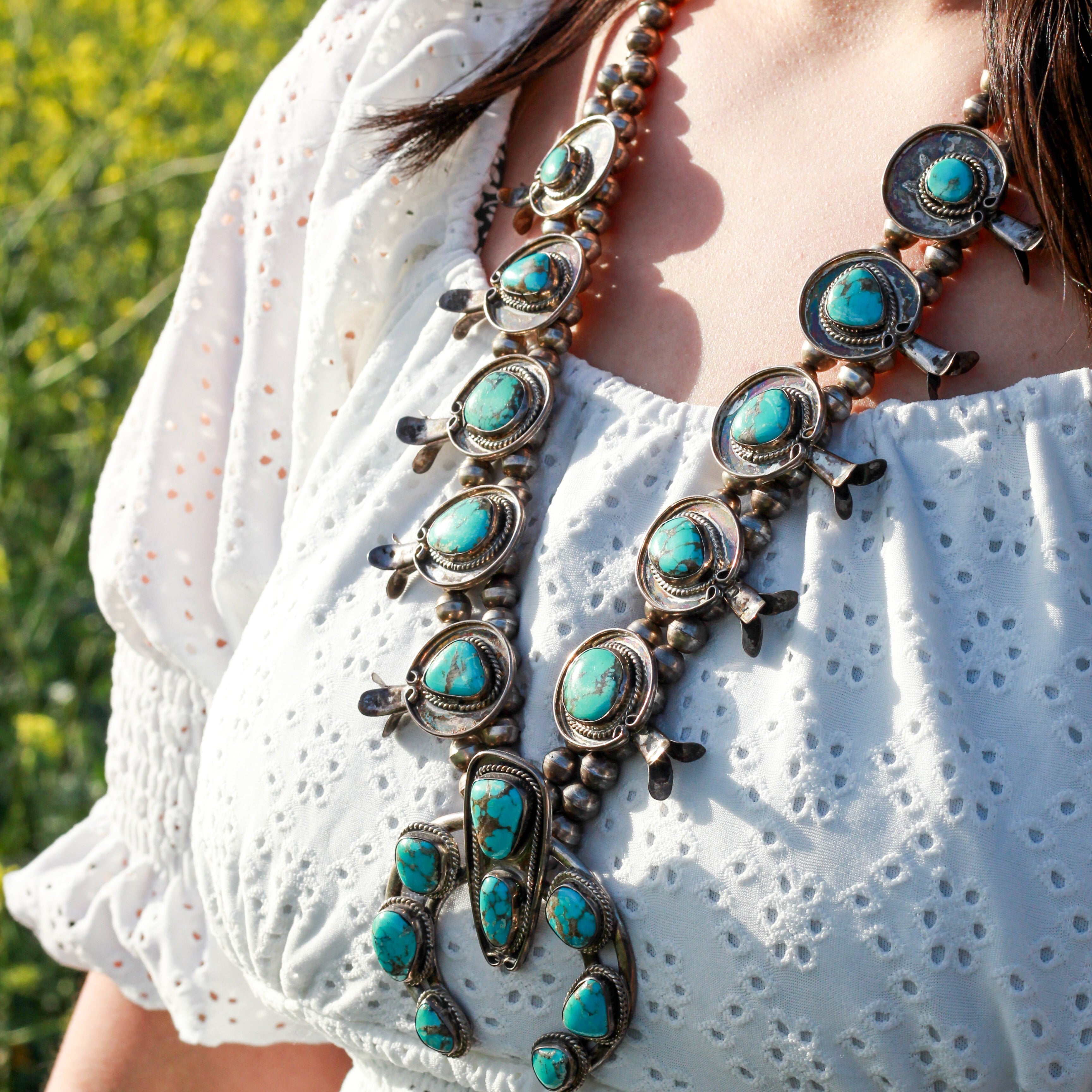 Vintage Navajo Turquoise Sterling Silver Squash Blossom Necklace