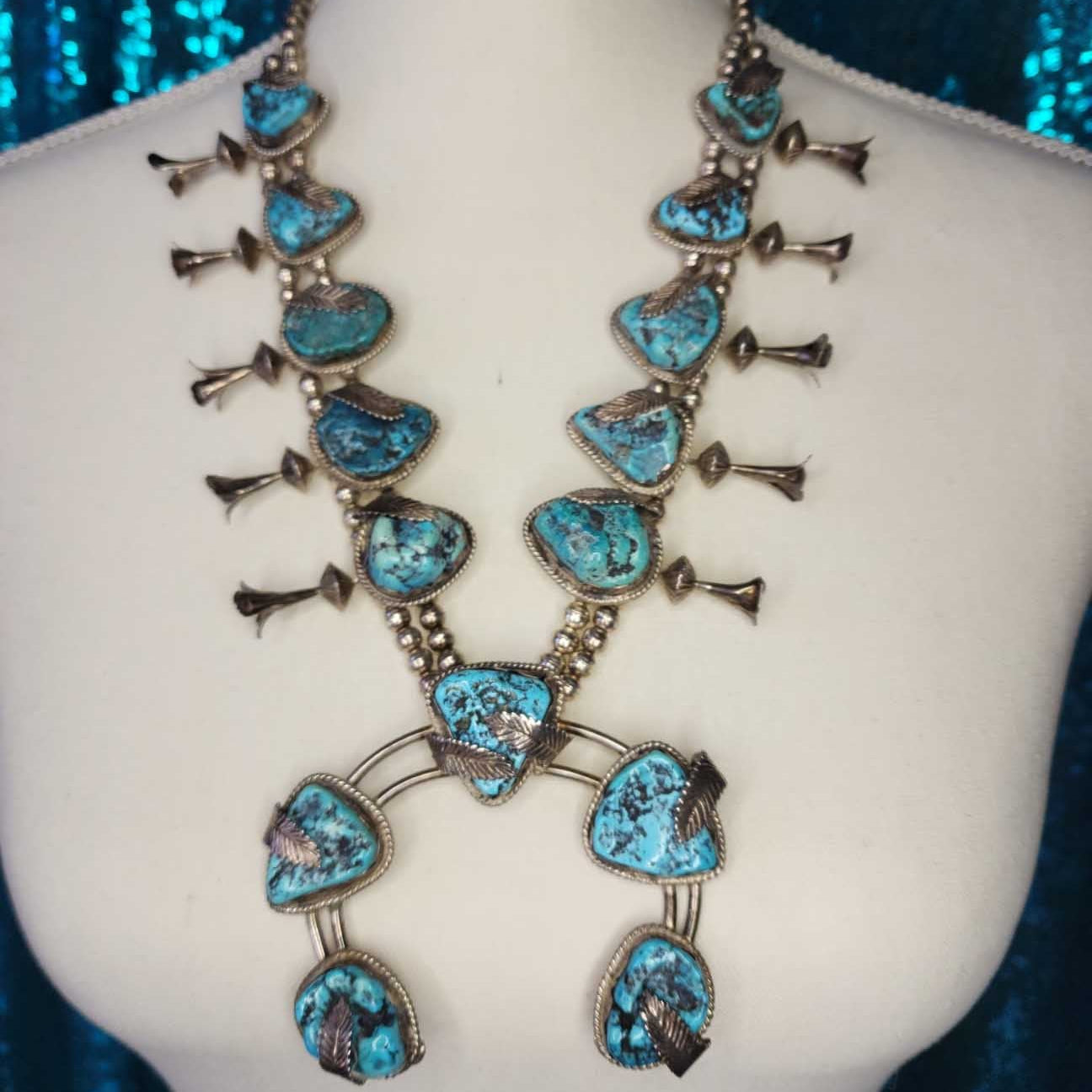 Vintage Navajo Turquoise Squash Blossom Necklace with Silver Leaf Detail