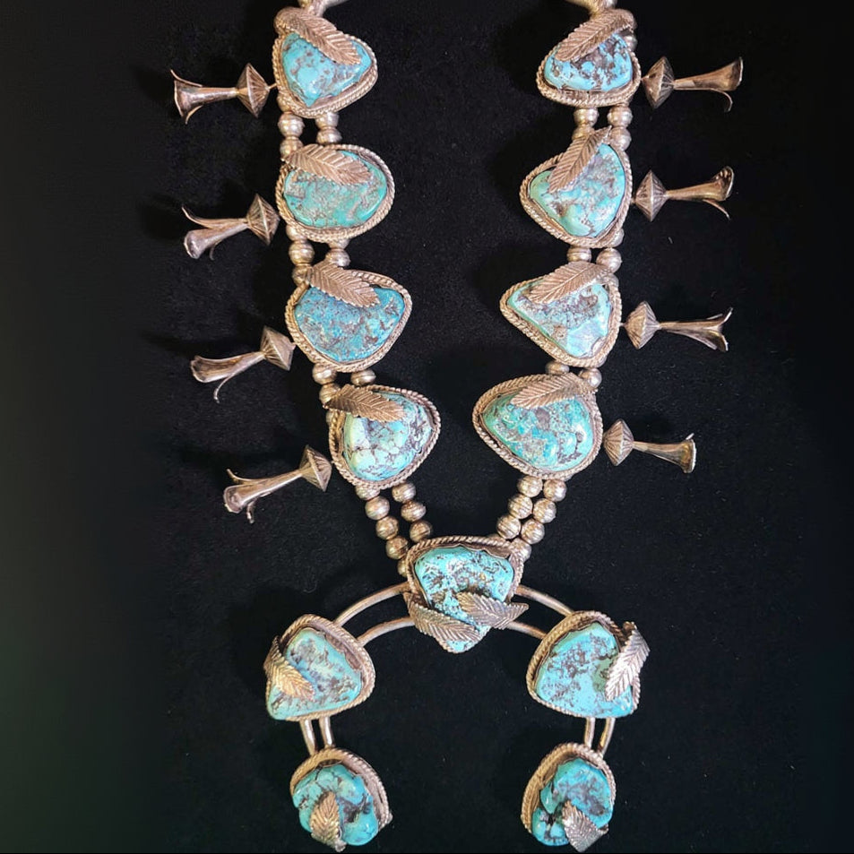 Vintage Navajo Turquoise Squash Blossom Necklace with Silver Leaf Detail