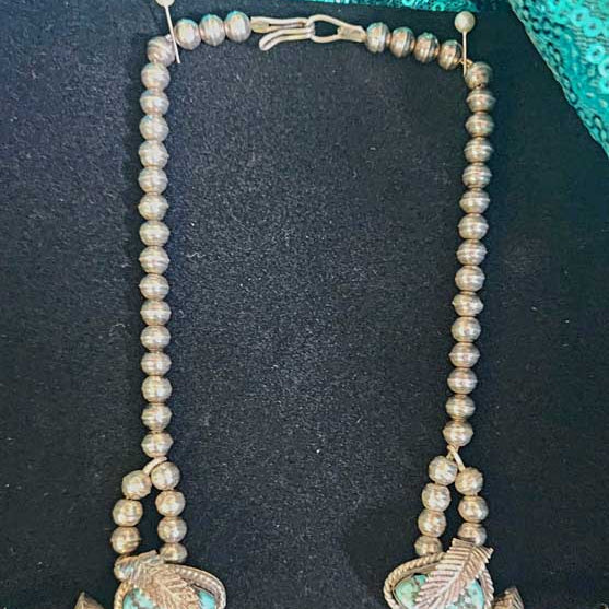 Vintage Navajo Turquoise Squash Blossom Necklace with Silver Leaf Detail