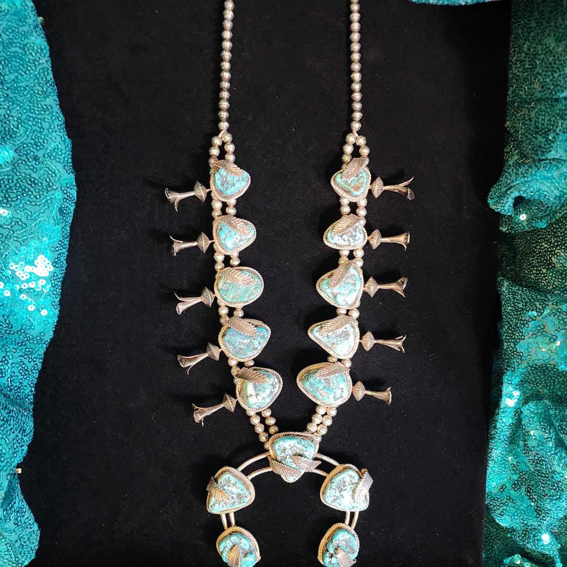 Vintage Navajo Turquoise Squash Blossom Necklace with Silver Leaf Detail