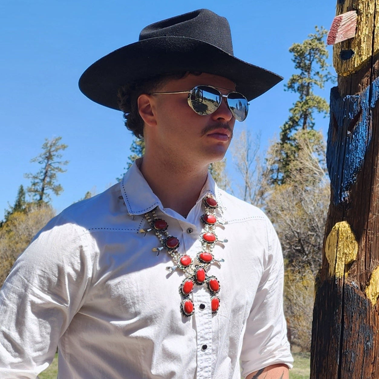 Navajo Pewter Coral Squash Blossom Necklace Handmade by Navajo Silversmith Jackie Cleveland.