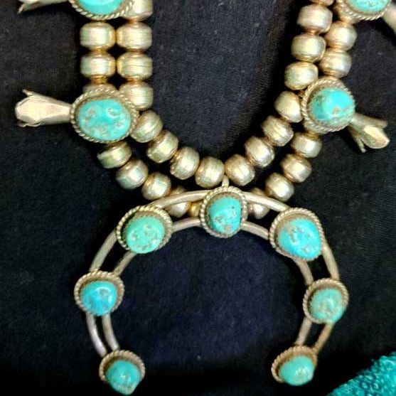 Vintage Navajo Kingman Turquoise Sterling Silver Squash Blossom Necklace