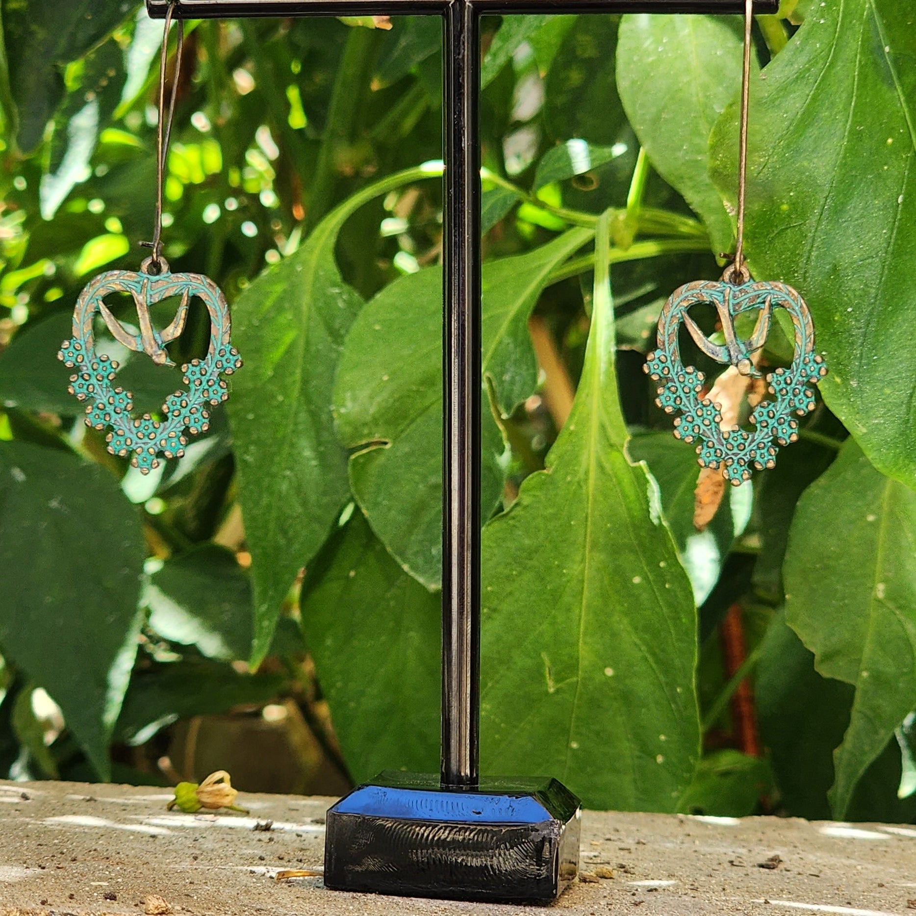 Turquoise Patina Bird Heart Earrings Boho Western Dangle Earrings Rustic Statement Jewelry