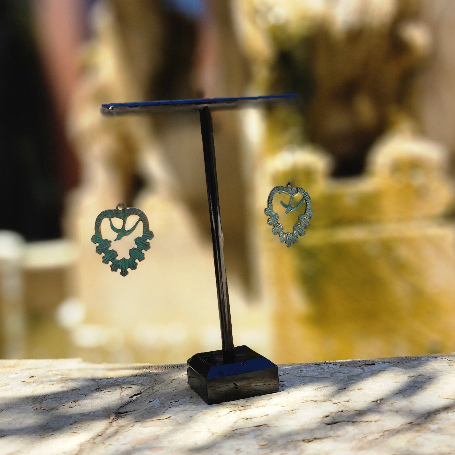 Turquoise Patina Bird Heart Earrings Boho Western Dangle Earrings Rustic Statement Jewelry