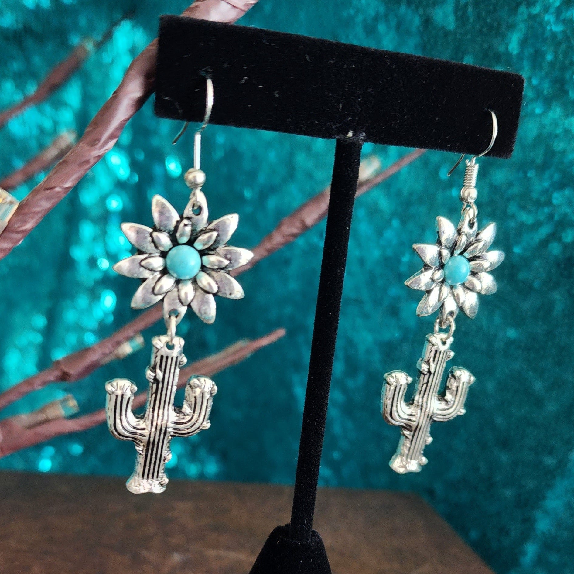 Turquoise Flower Cactus Dangle Earrings Western Boho Silver Tone Statement Earrings