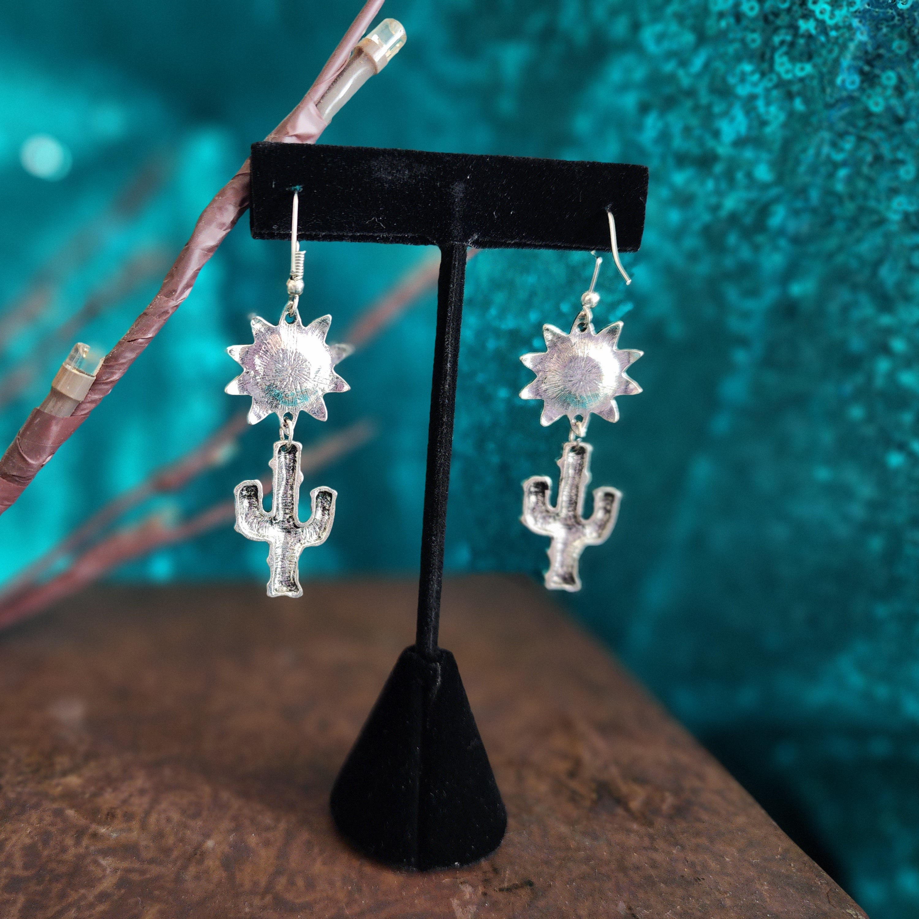 Turquoise Flower Cactus Dangle Earrings Western Boho Silver Tone Statement Earrings