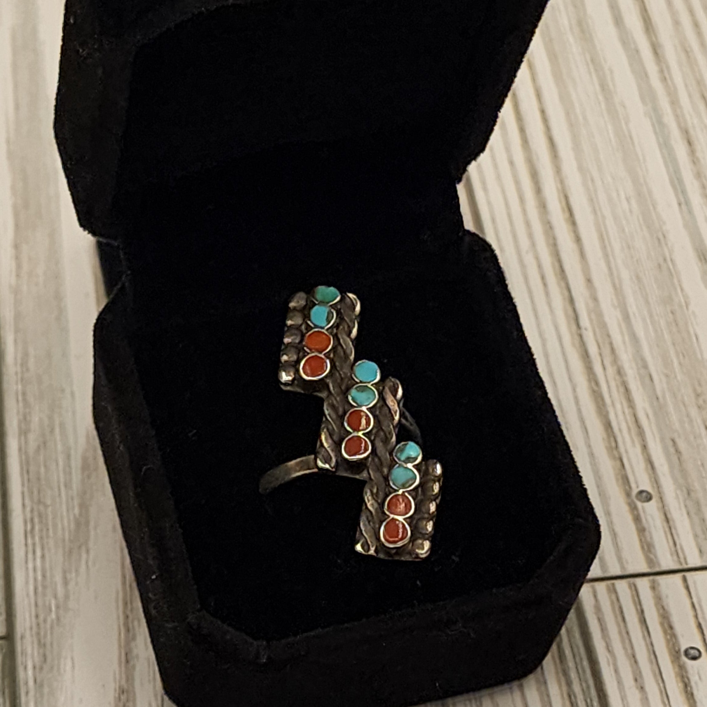 Old Dishta Zuni Sterling Silver Turquoise and Red Coral Triple Row Ring size 8