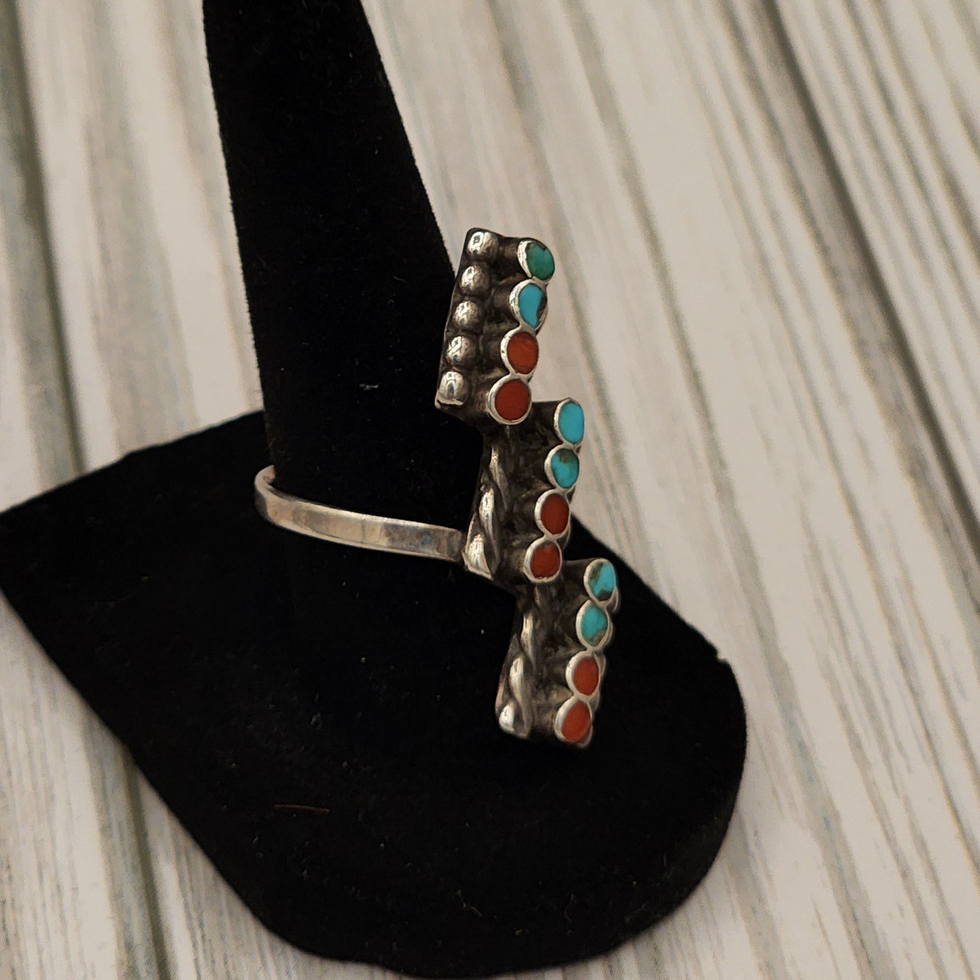 Old Dishta Zuni Sterling Silver Turquoise and Red Coral Triple Row Ring size 8