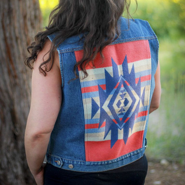 Pendleton Denim Jean Vest with with Native American Wool Accent Vintage