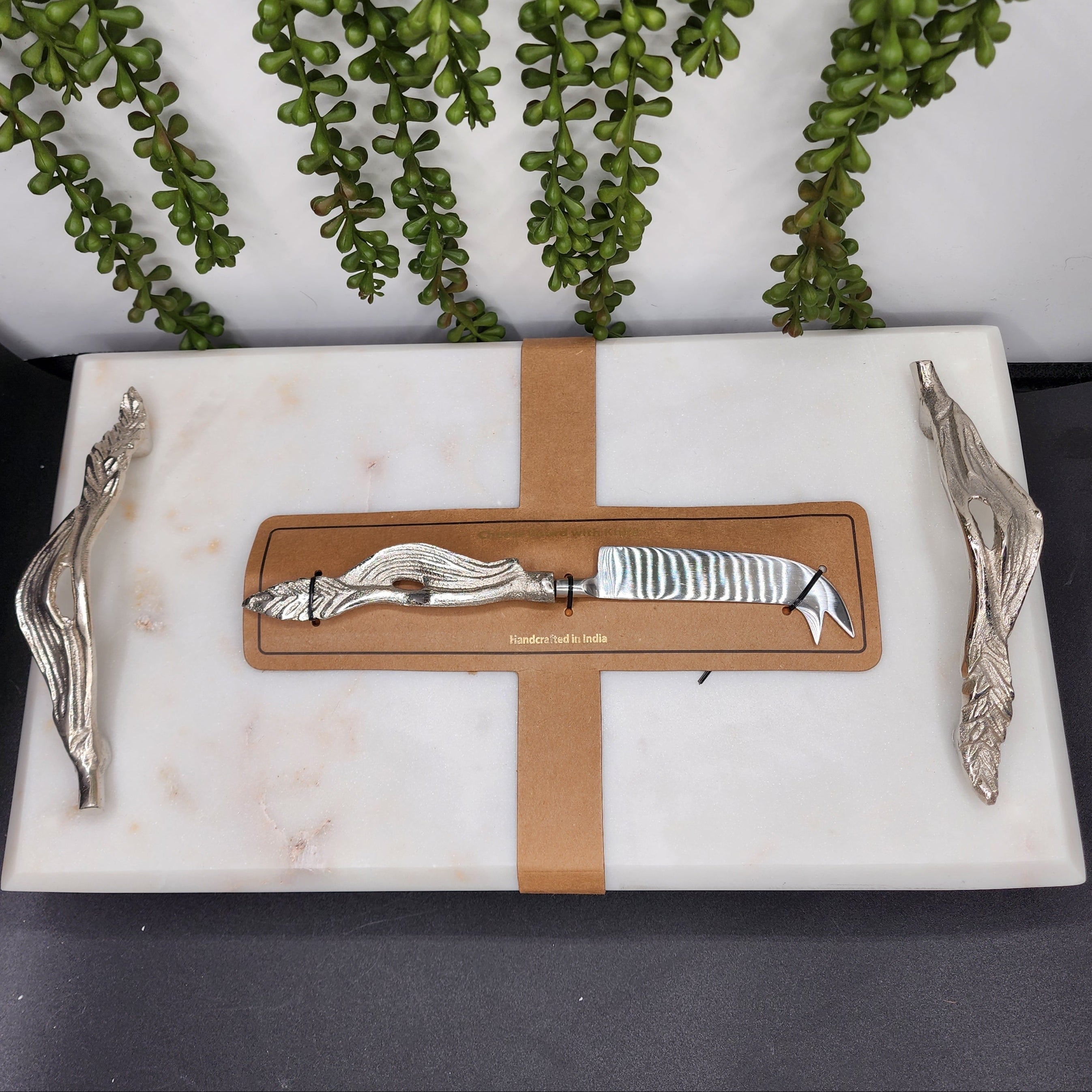 Elegant Marble Cheese Board with Chrome Leaf Handles and Chrome Cheese Knife
