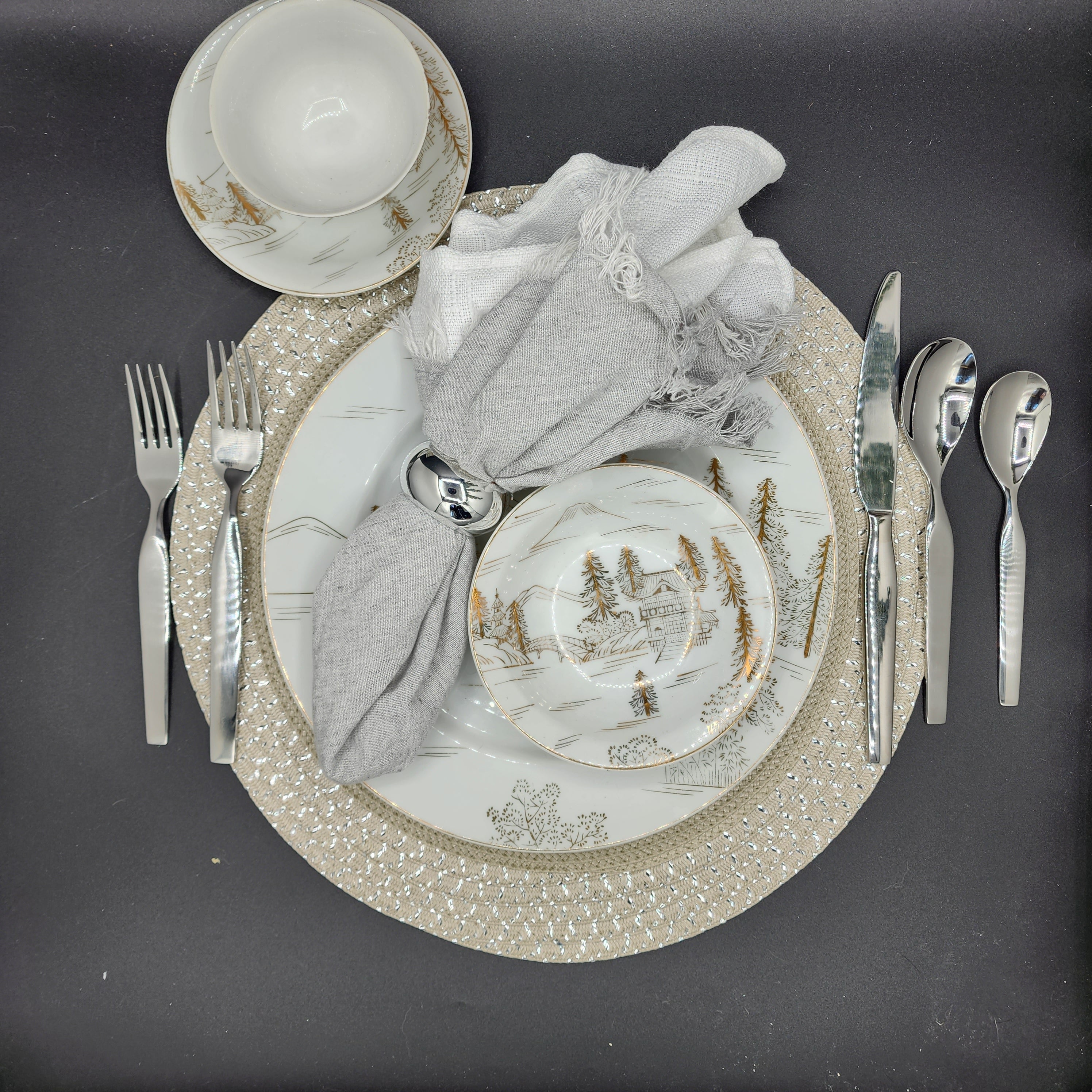 Rare Enchanting Kutani White China Mountain Forest Scenic Designs with Gold Tone Embellishments Whole Set
